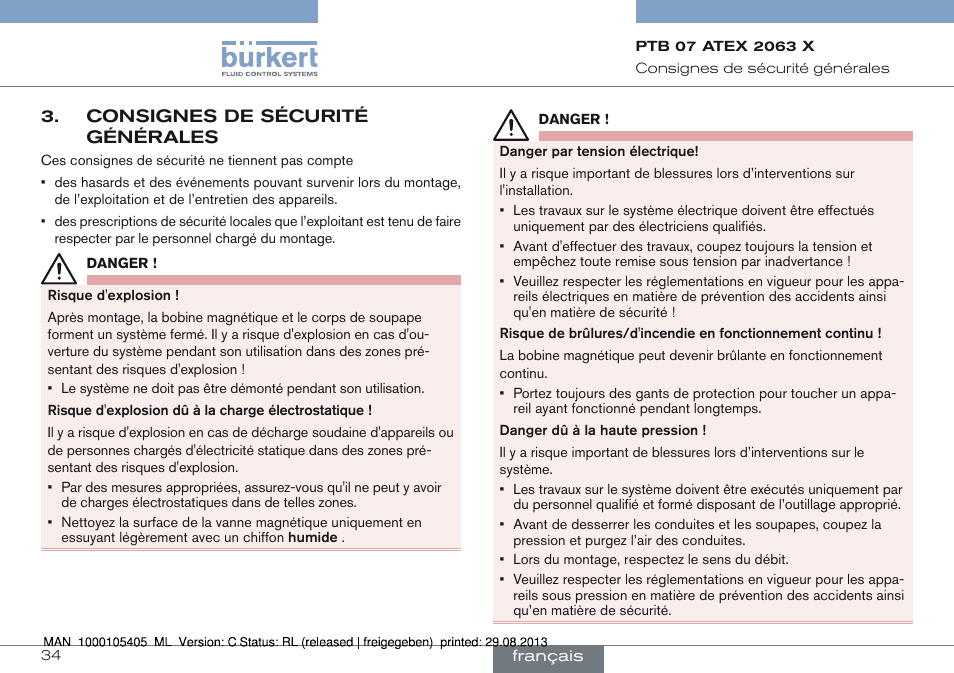 Consignes de sécurité générales | Burkert Type 6027 User Manual | Page 34 / 46