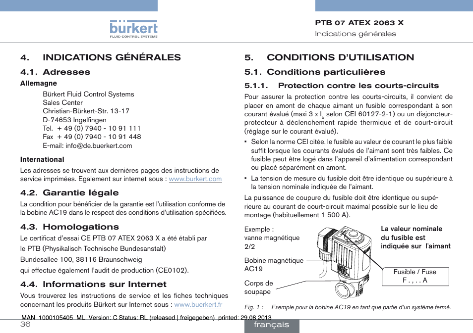 Indications générales, Conditions d’utilisation, Conditions particulières | Burkert Type 6027 User Manual | Page 36 / 46