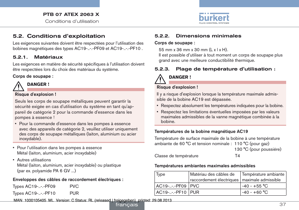 Conditions d’exploitation | Burkert Type 6027 User Manual | Page 37 / 46