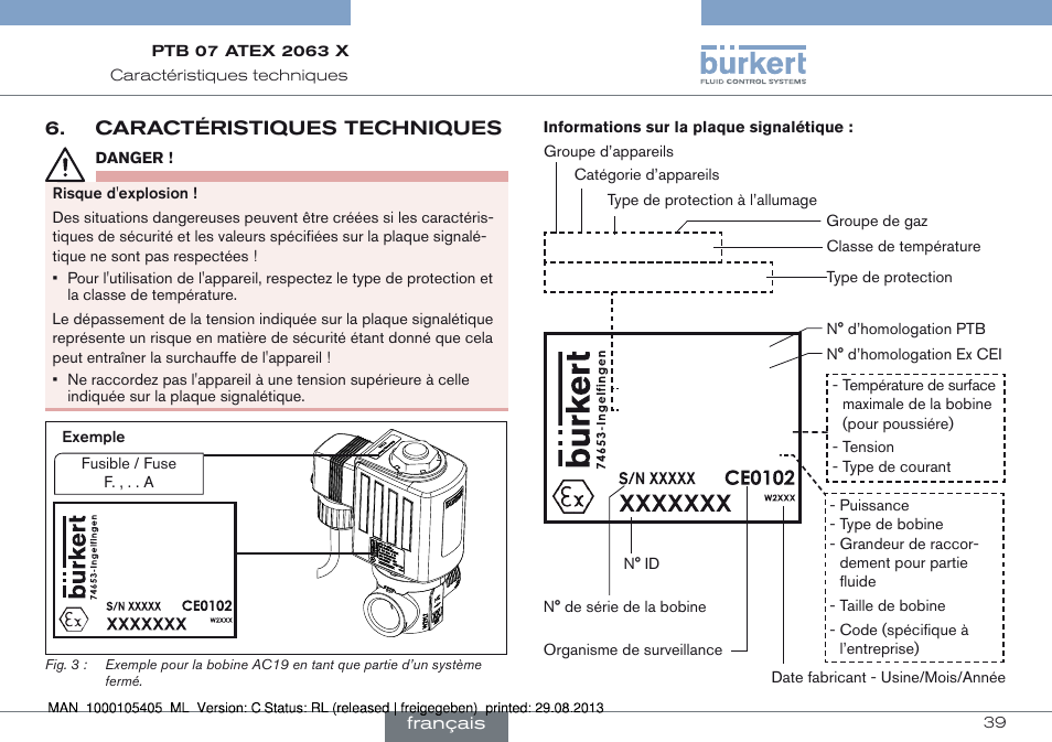 Caractéristiques techniques | Burkert Type 6027 User Manual | Page 39 / 46