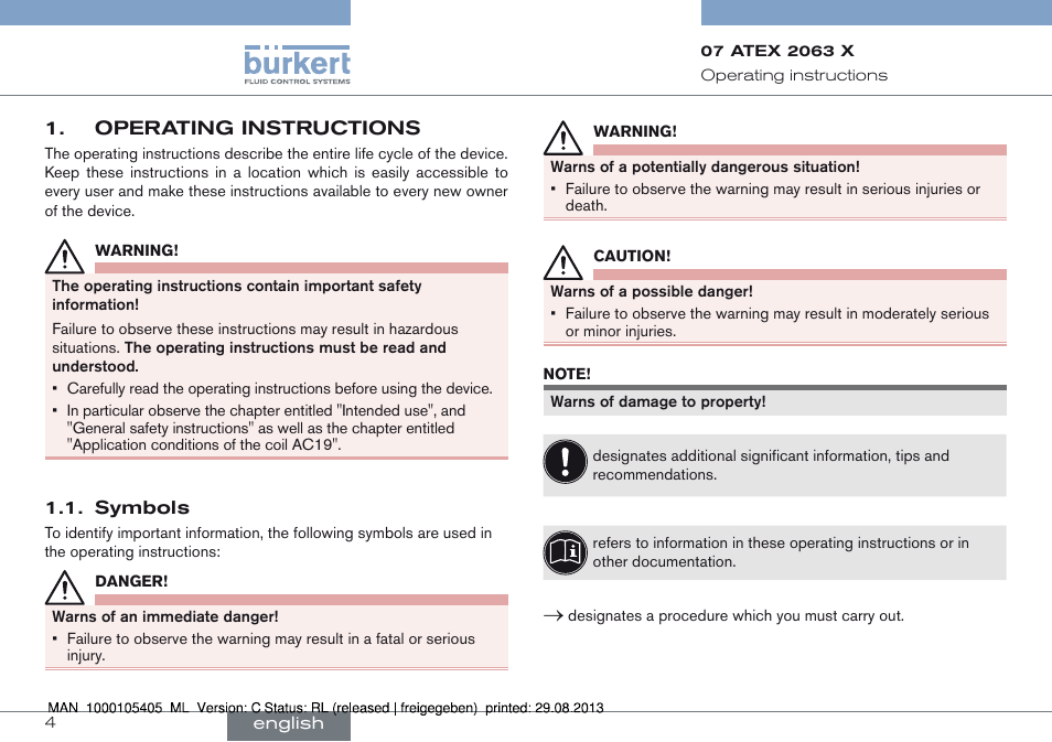 Operating instructions, Symbols | Burkert Type 6027 User Manual | Page 4 / 46