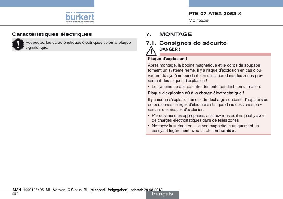 Montage, Consignes de sécurité | Burkert Type 6027 User Manual | Page 40 / 46