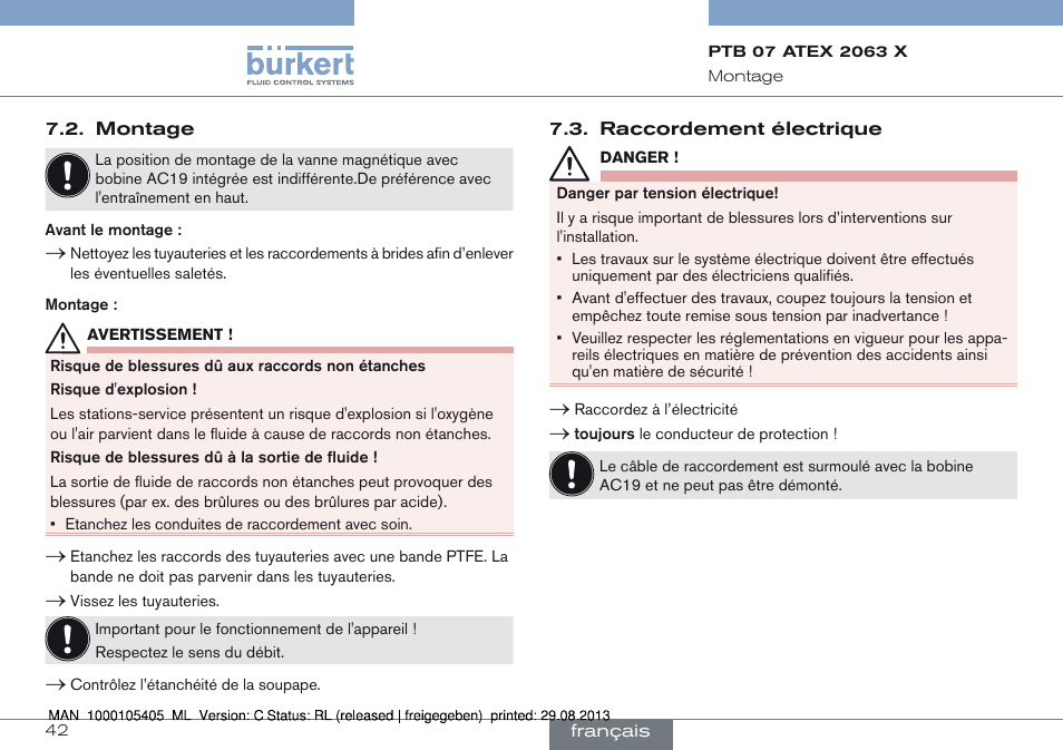 Montage 7.3. raccordement électrique | Burkert Type 6027 User Manual | Page 42 / 46