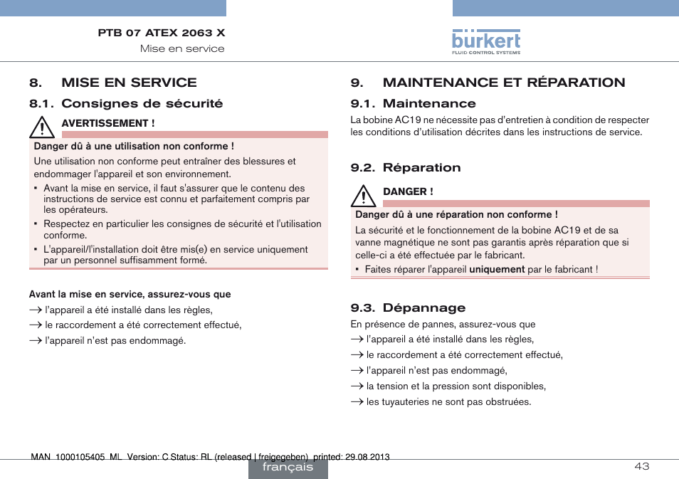 Mise en service, Consignes de sécurité, Maintenance et réparation | Maintenance 9.2. réparation 9.3. dépannage | Burkert Type 6027 User Manual | Page 43 / 46
