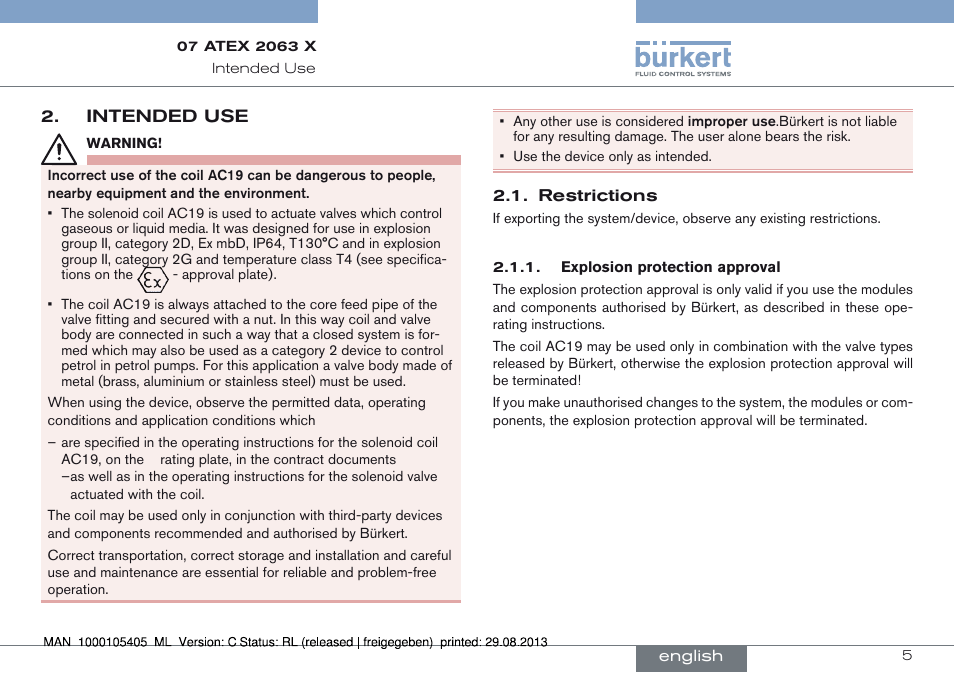 Intended use, Restrictions | Burkert Type 6027 User Manual | Page 5 / 46