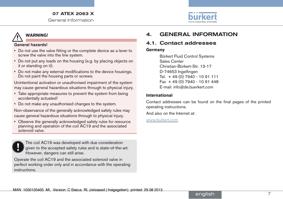 General information, Contact addresses | Burkert Type 6027 User Manual | Page 7 / 46