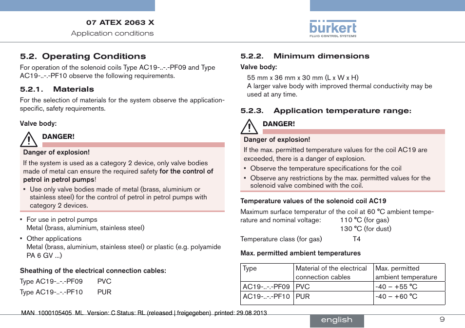 Operating conditions | Burkert Type 6027 User Manual | Page 9 / 46