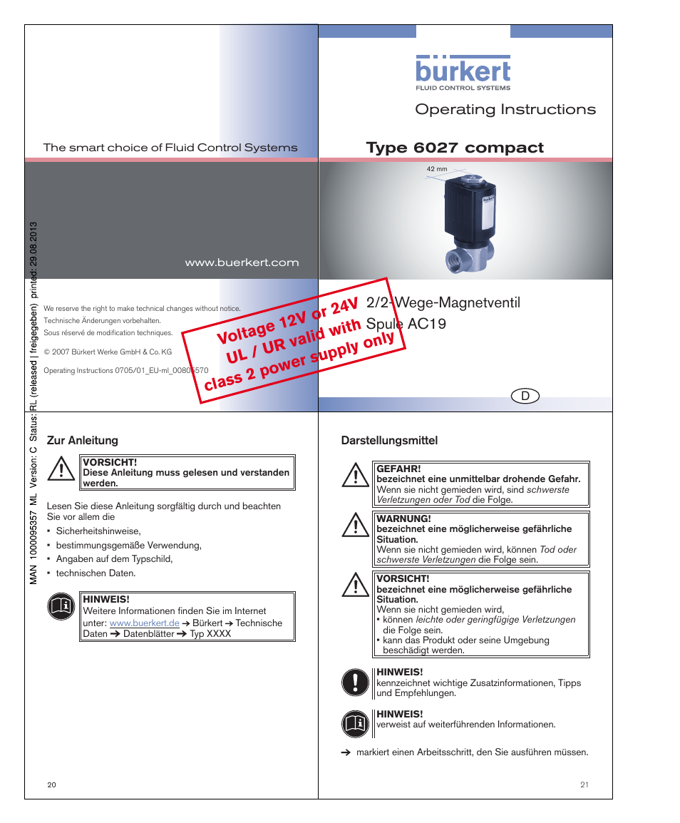 Operating instructions | Burkert Type 6027 User Manual | Page 6 / 15