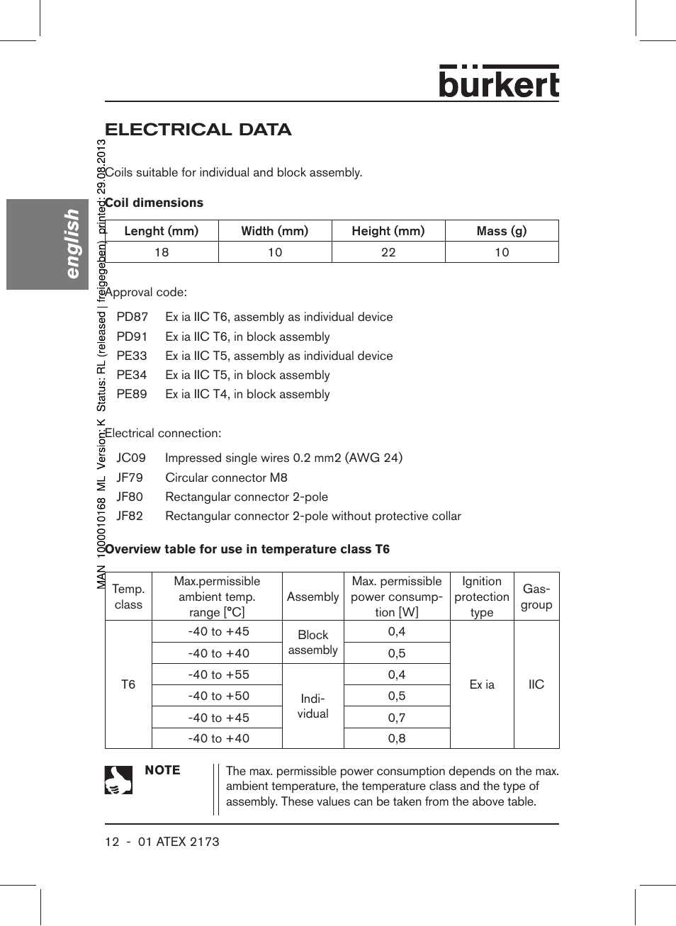 Electrical data, English | Burkert Type 6104 User Manual | Page 12 / 64