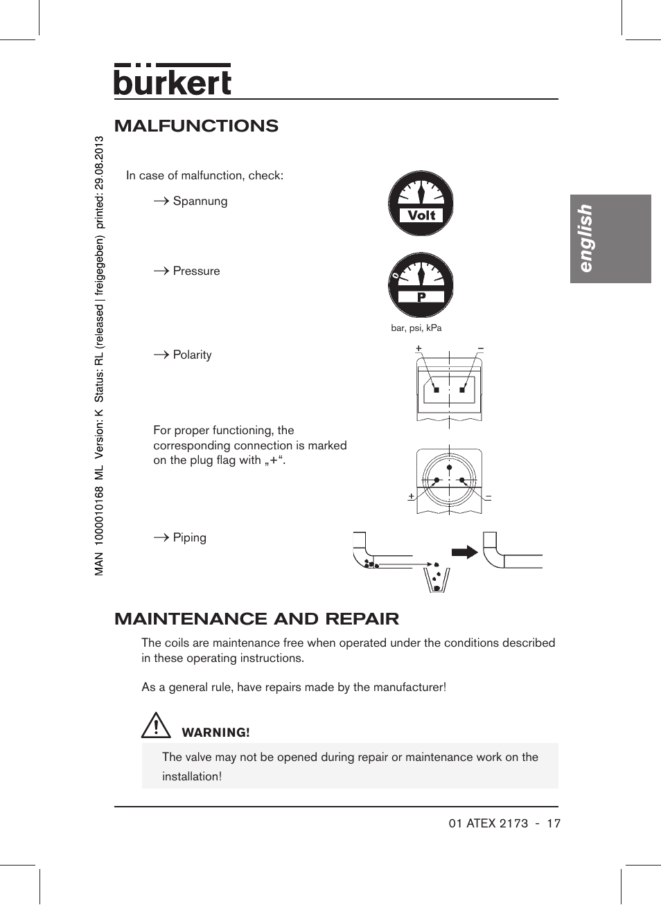 Malfunctions, Maintenance and repair, English | Burkert Type 6104 User Manual | Page 17 / 64