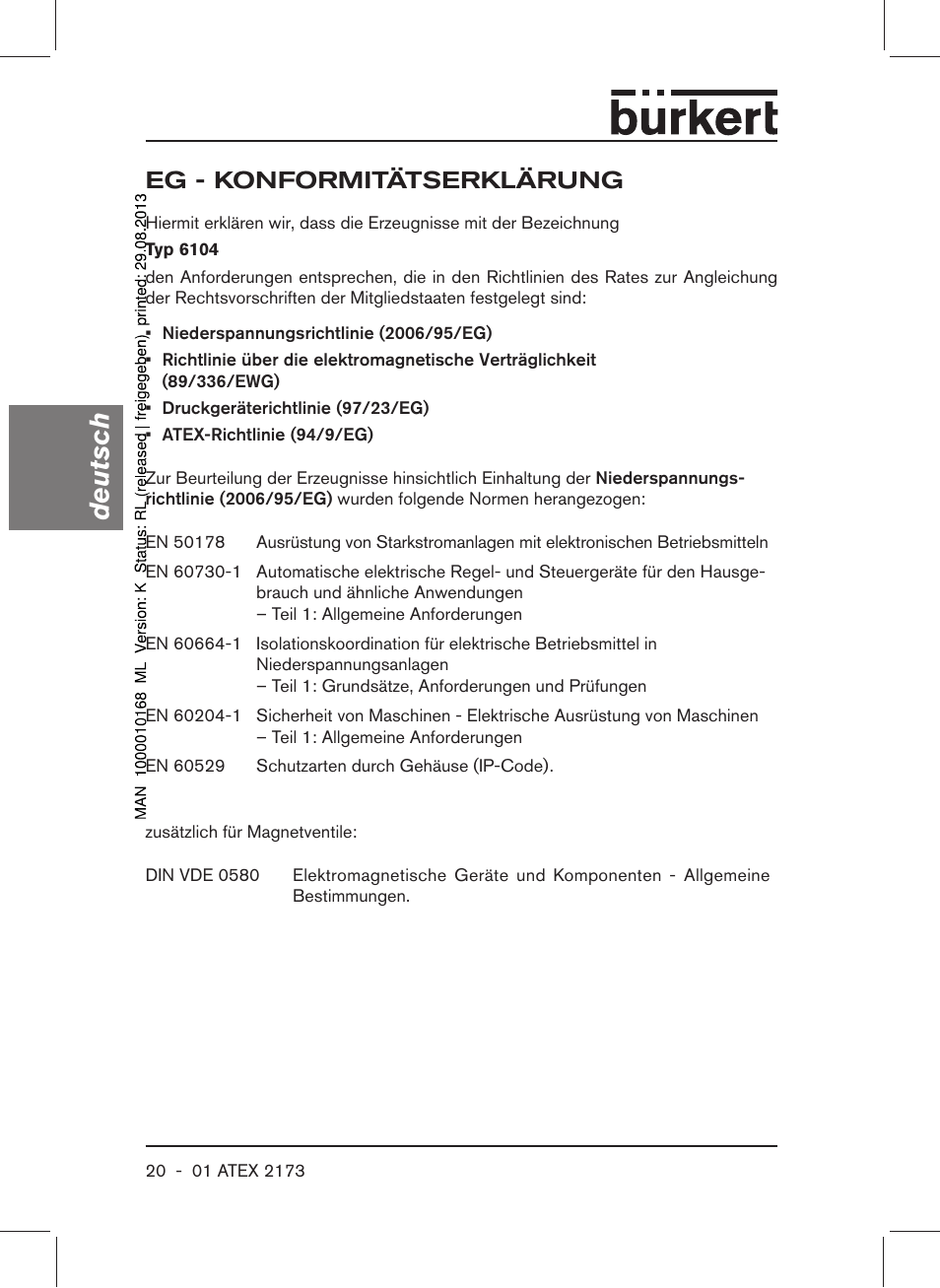 Eg - konformitätserklärung, Deutsch | Burkert Type 6104 User Manual | Page 20 / 64