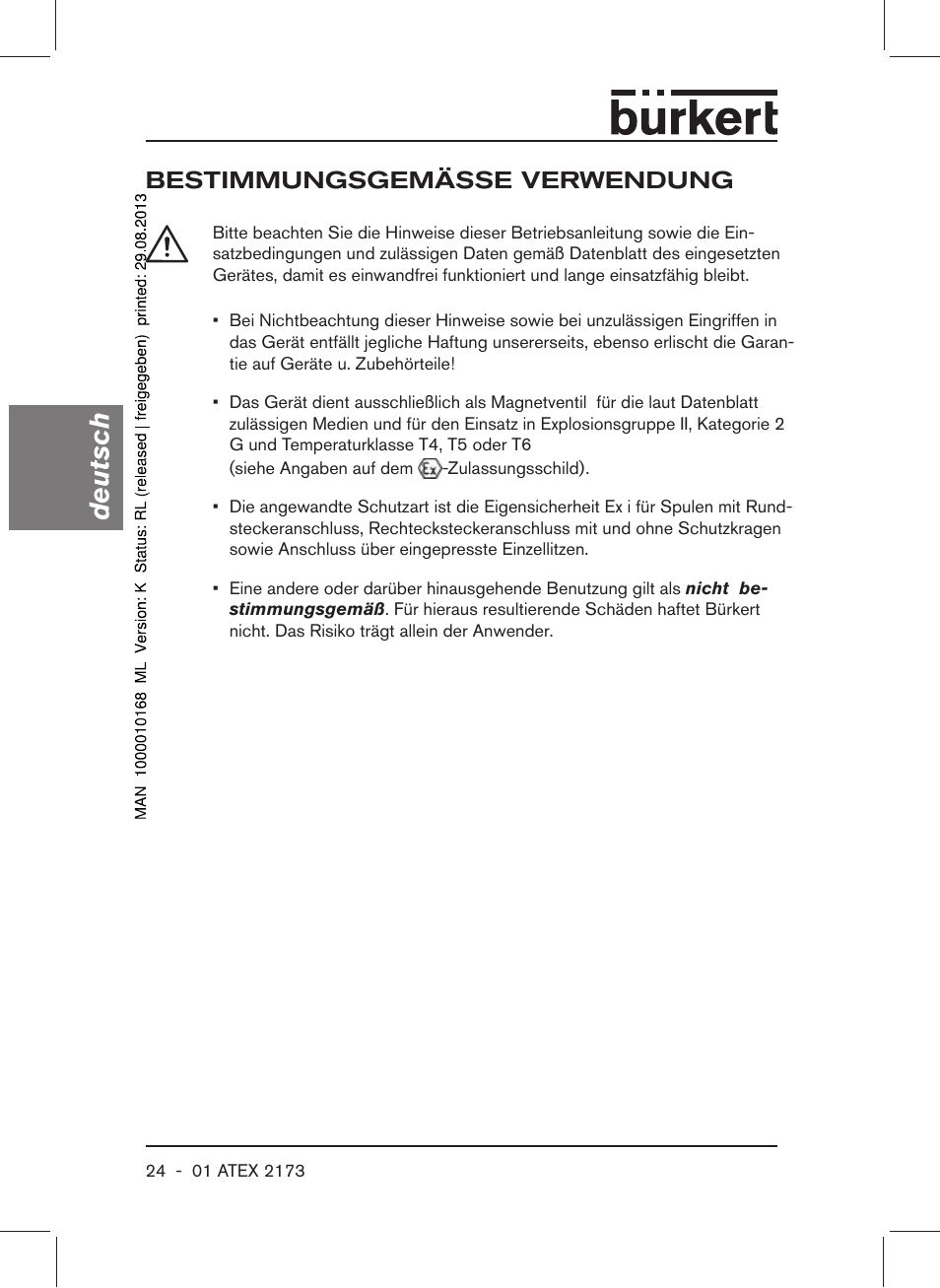 Bestimmungsgemässe verwendung, Deutsch | Burkert Type 6104 User Manual | Page 24 / 64