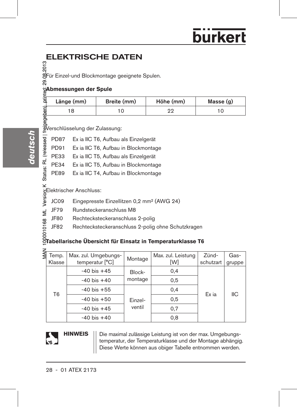 Elektrische daten, Deutsch | Burkert Type 6104 User Manual | Page 28 / 64