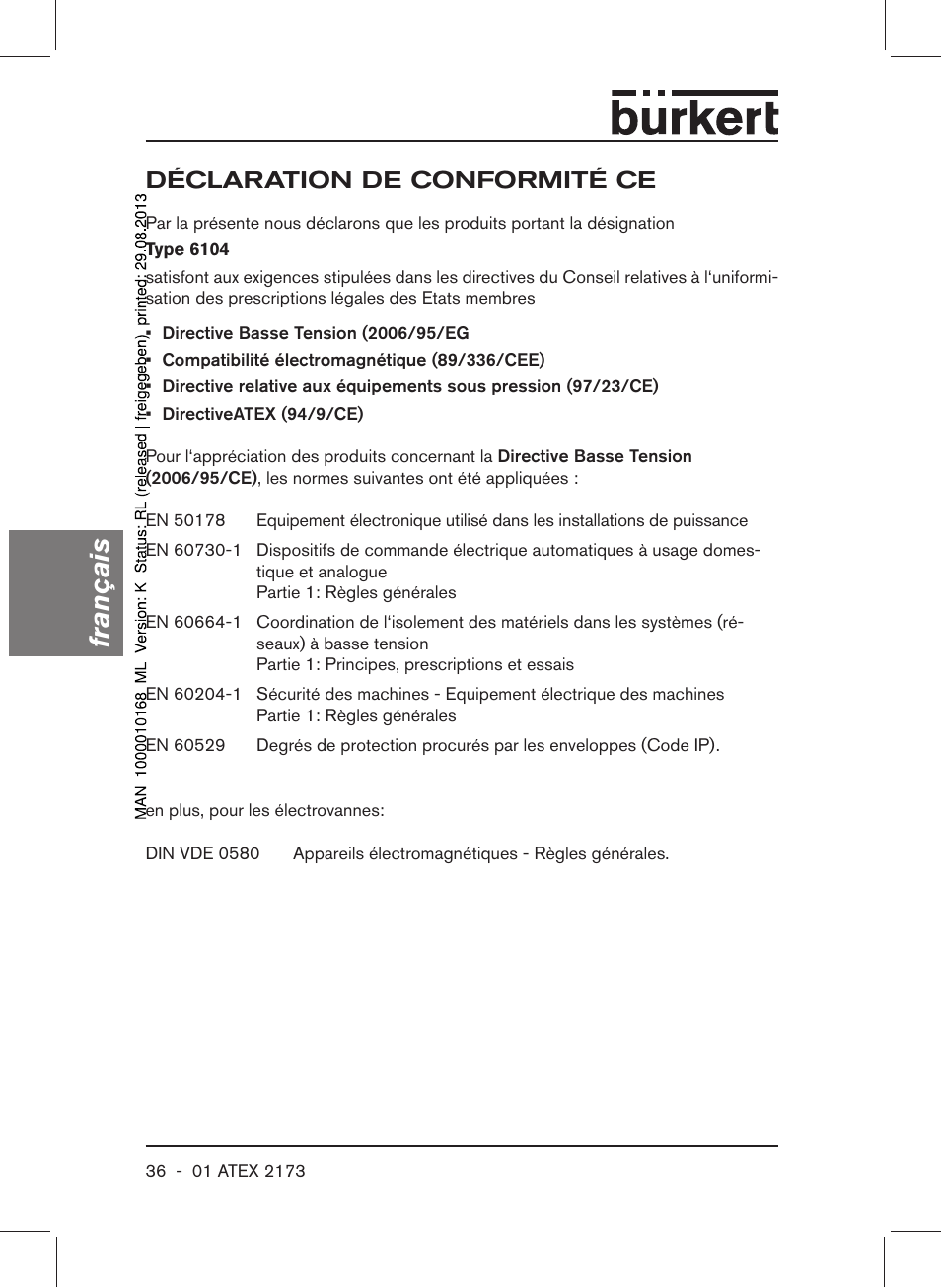 Déclaration de conformité ce, Français | Burkert Type 6104 User Manual | Page 36 / 64