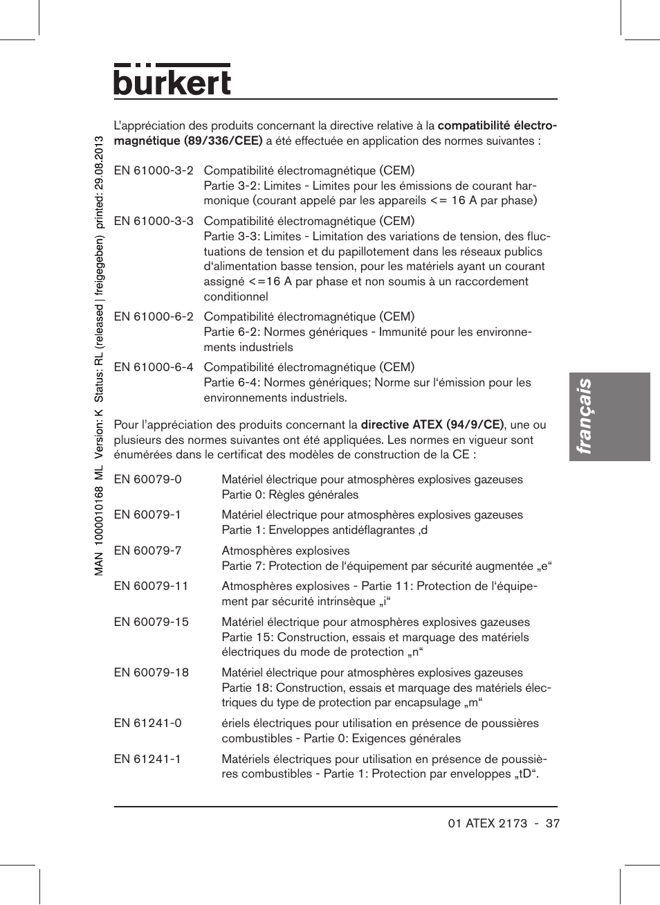 Français | Burkert Type 6104 User Manual | Page 37 / 64