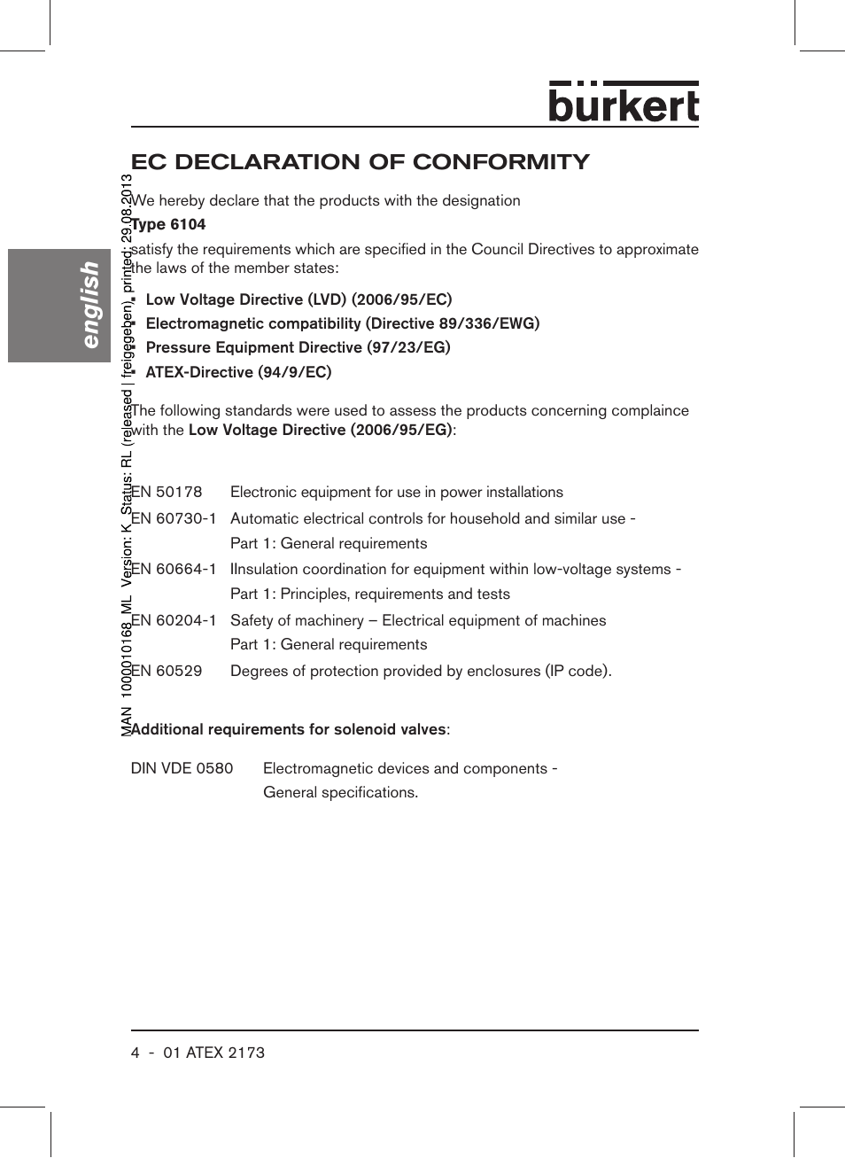 Ec declaration of conformity, English | Burkert Type 6104 User Manual | Page 4 / 64