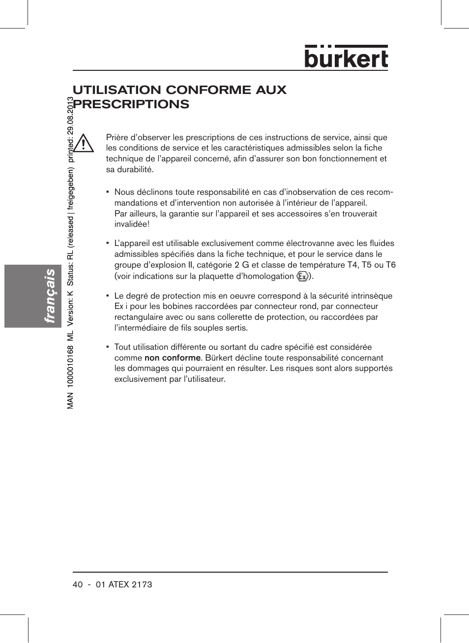 Utilisation conforme aux prescriptions, Français | Burkert Type 6104 User Manual | Page 40 / 64