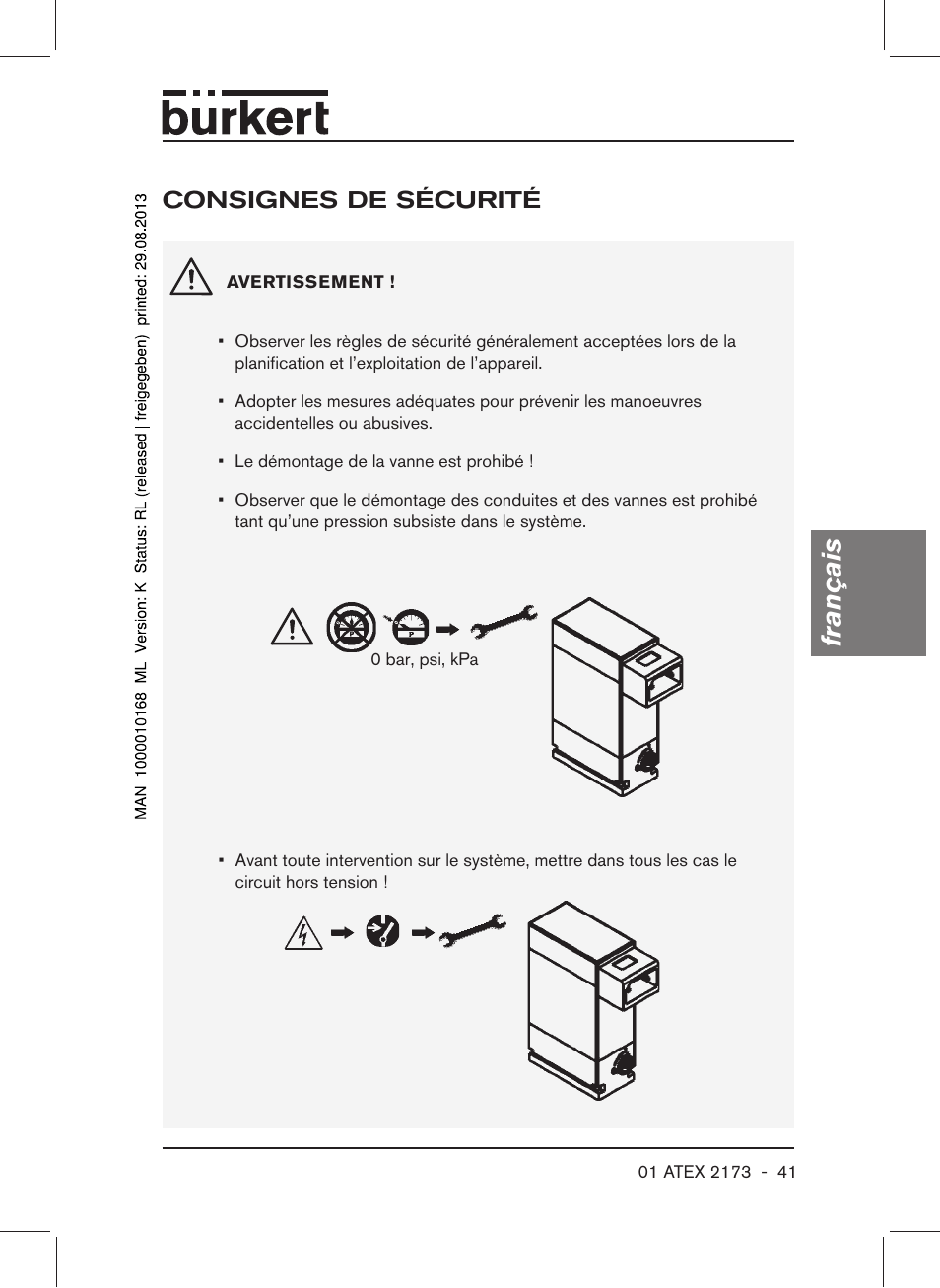 Consignes de sécurité, Français | Burkert Type 6104 User Manual | Page 41 / 64