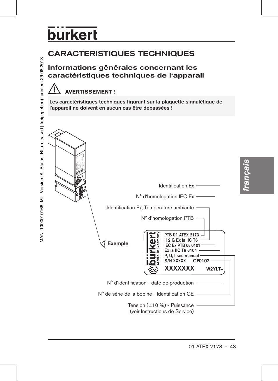 Caracteristiques techniques, L‘apparail, Français | Exemple n° d‘homologation ptb avertissement, N° d‘homologation iec ex, Ce0102 | Burkert Type 6104 User Manual | Page 43 / 64