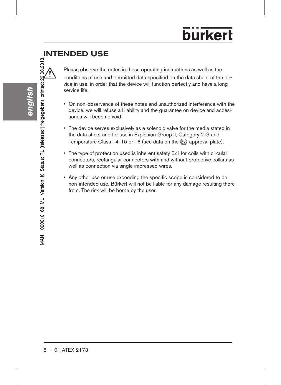 Intended use, English | Burkert Type 6104 User Manual | Page 8 / 64