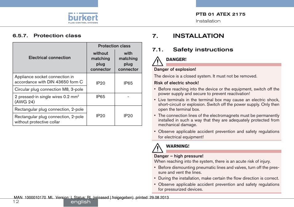 Installation, Safety instructions | Burkert Type 6106 User Manual | Page 12 / 40