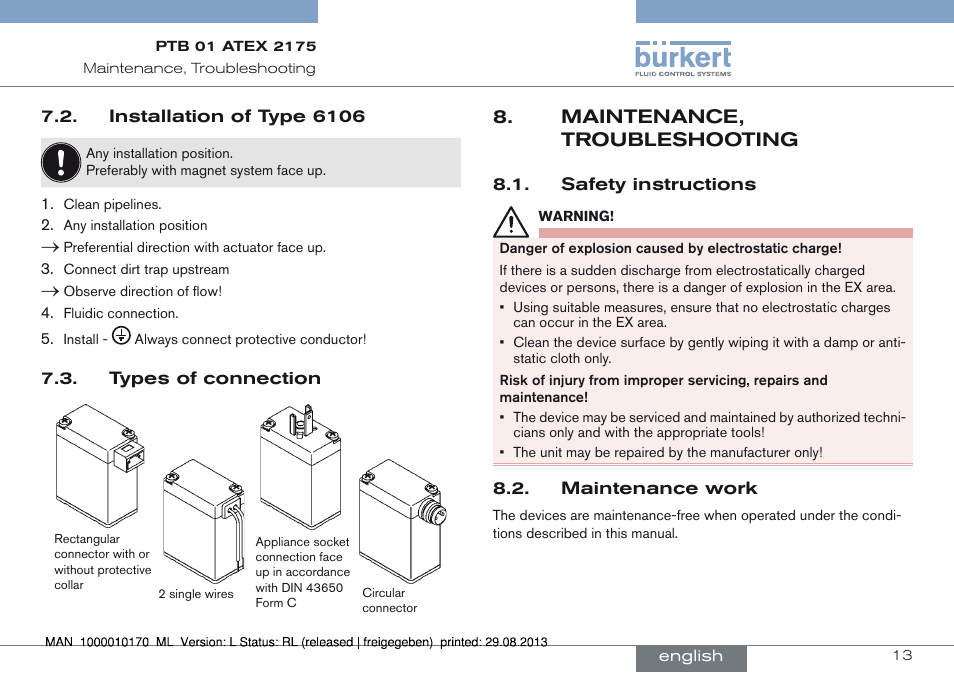 Installation of type 6106 7.3. types of connection, Maintenance, troubleshooting, Safety instructions 8.2. maintenance work | Burkert Type 6106 User Manual | Page 13 / 40