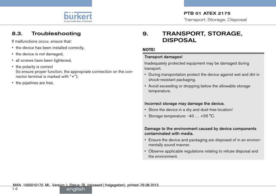 Troubleshooting, Transport, storage, disposal | Burkert Type 6106 User Manual | Page 14 / 40