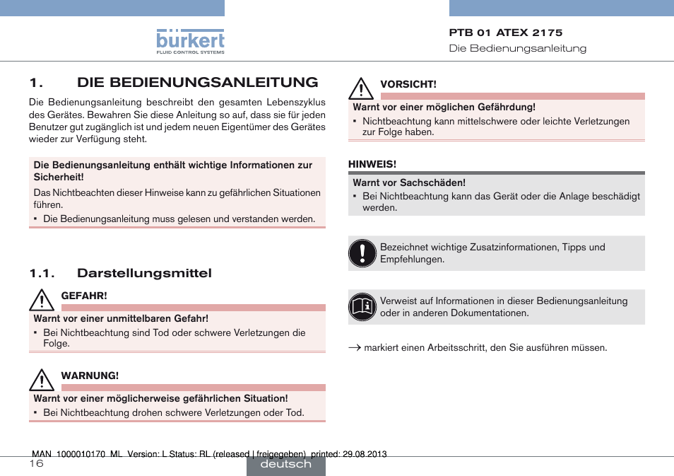 Die bedienungsanleitung, Darstellungsmittel | Burkert Type 6106 User Manual | Page 16 / 40