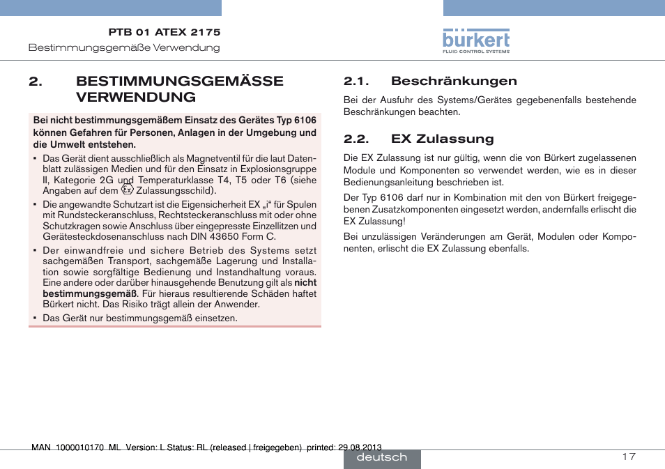 Bestimmungsgemässe verwendung, Beschränkungen 2.2. ex zulassung | Burkert Type 6106 User Manual | Page 17 / 40