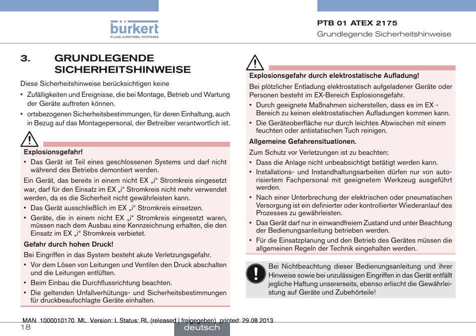 Grundlegende sicherheitshinweise | Burkert Type 6106 User Manual | Page 18 / 40