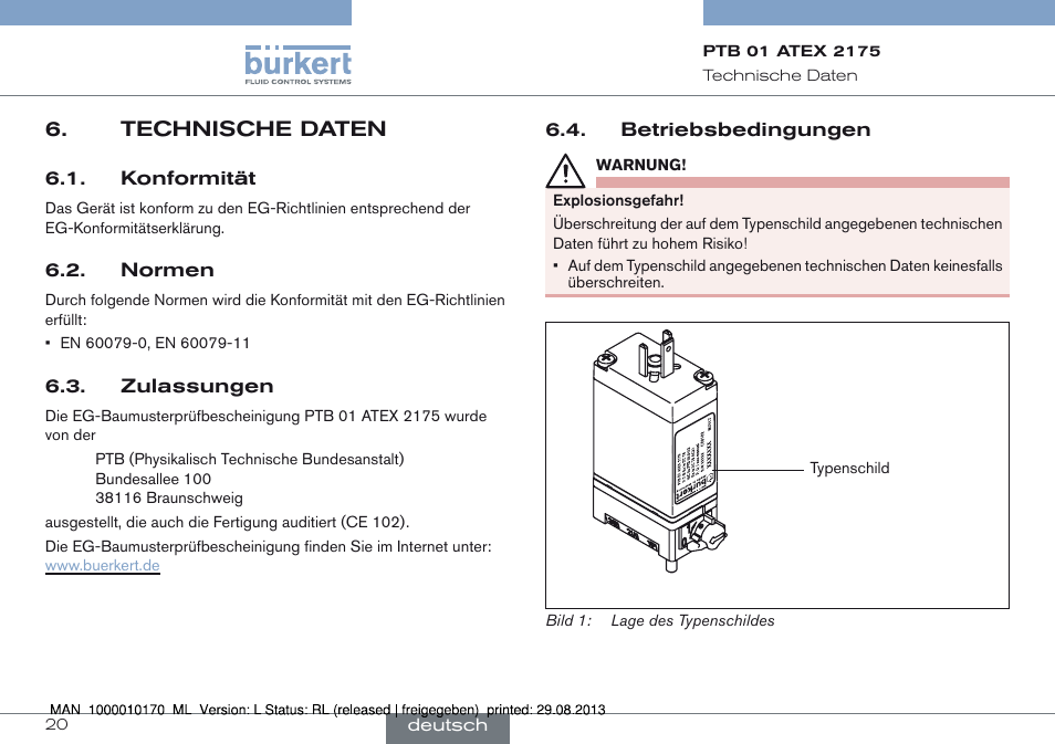 Technische daten | Burkert Type 6106 User Manual | Page 20 / 40