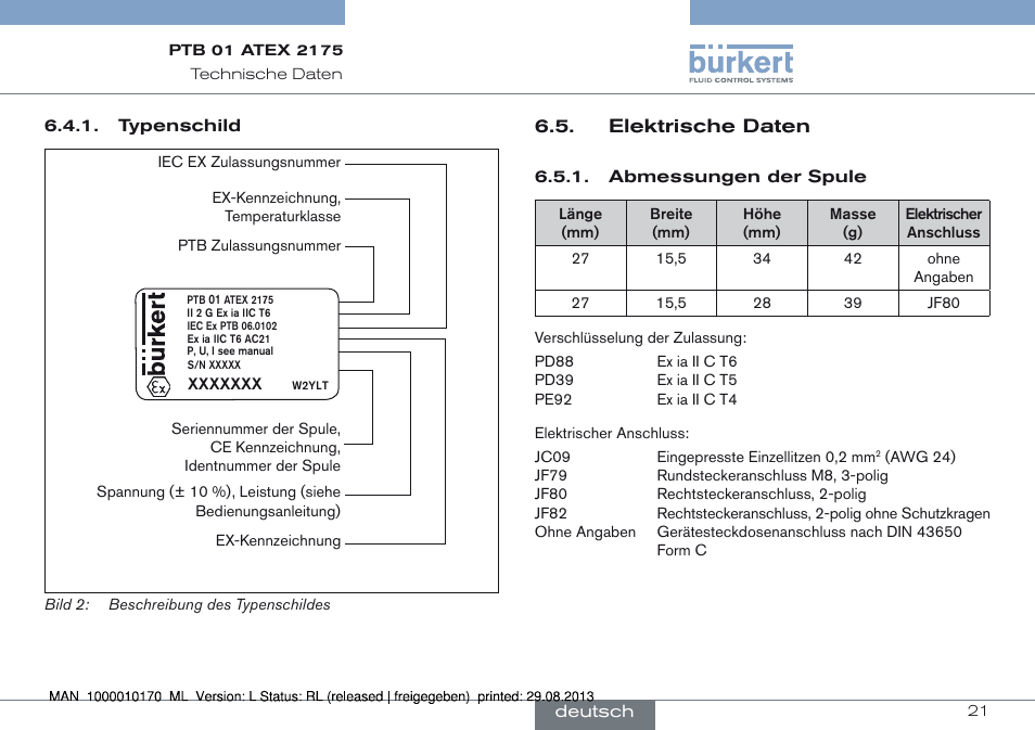 Elektrische daten | Burkert Type 6106 User Manual | Page 21 / 40