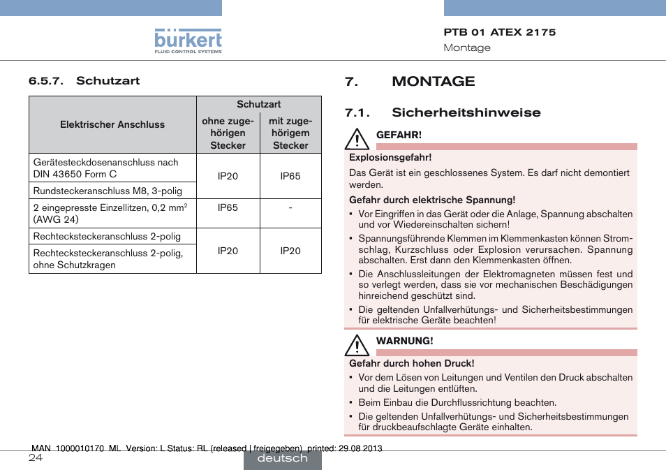 Montage, Sicherheitshinweise | Burkert Type 6106 User Manual | Page 24 / 40