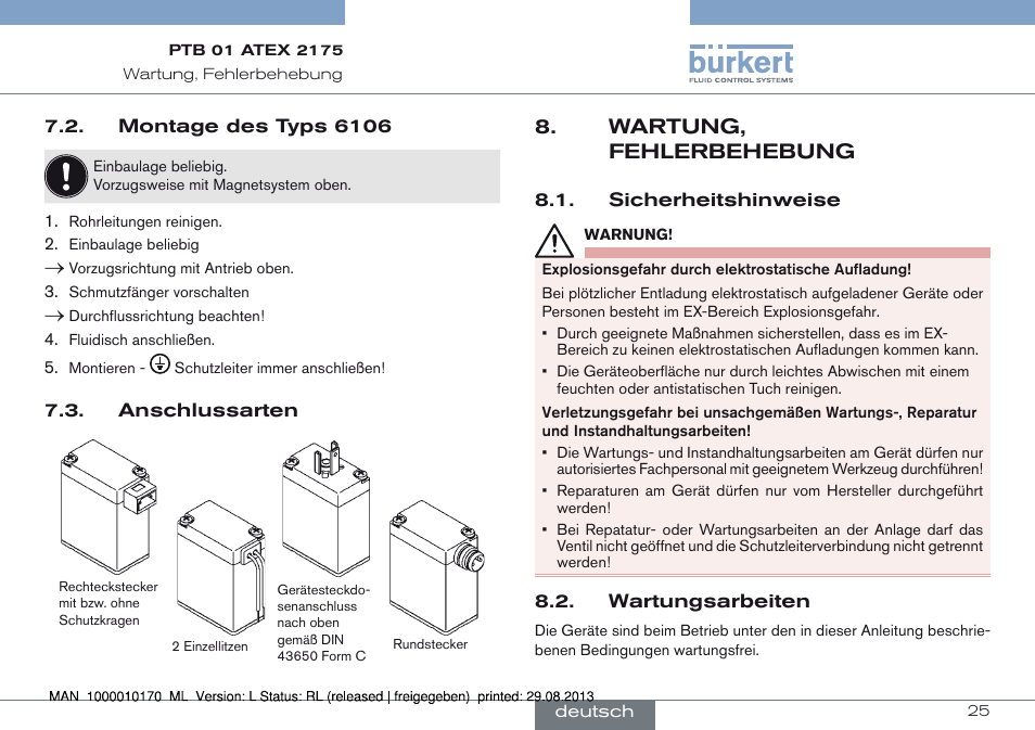 Montage des typs 6106 7.3. anschlussarten, Wartung, fehlerbehebung, Sicherheitshinweise 8.2. wartungsarbeiten | Burkert Type 6106 User Manual | Page 25 / 40