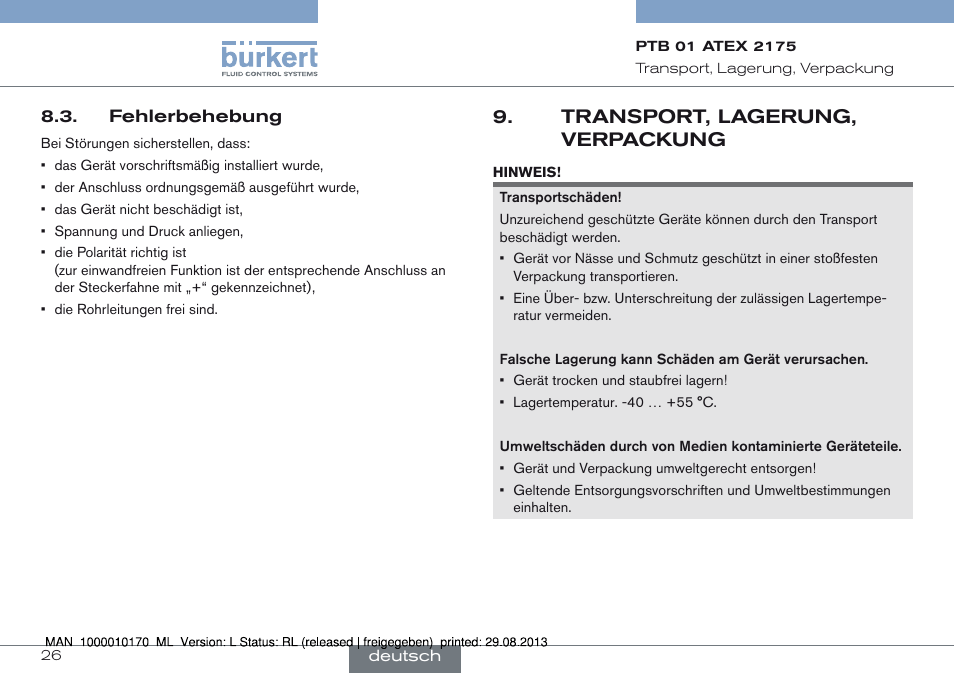 Fehlerbehebung, Transport, lagerung, verpackung | Burkert Type 6106 User Manual | Page 26 / 40