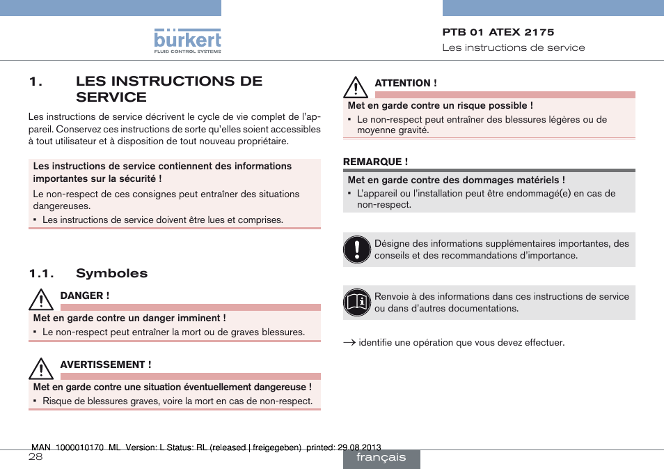 Les instructions de service, Symboles | Burkert Type 6106 User Manual | Page 28 / 40