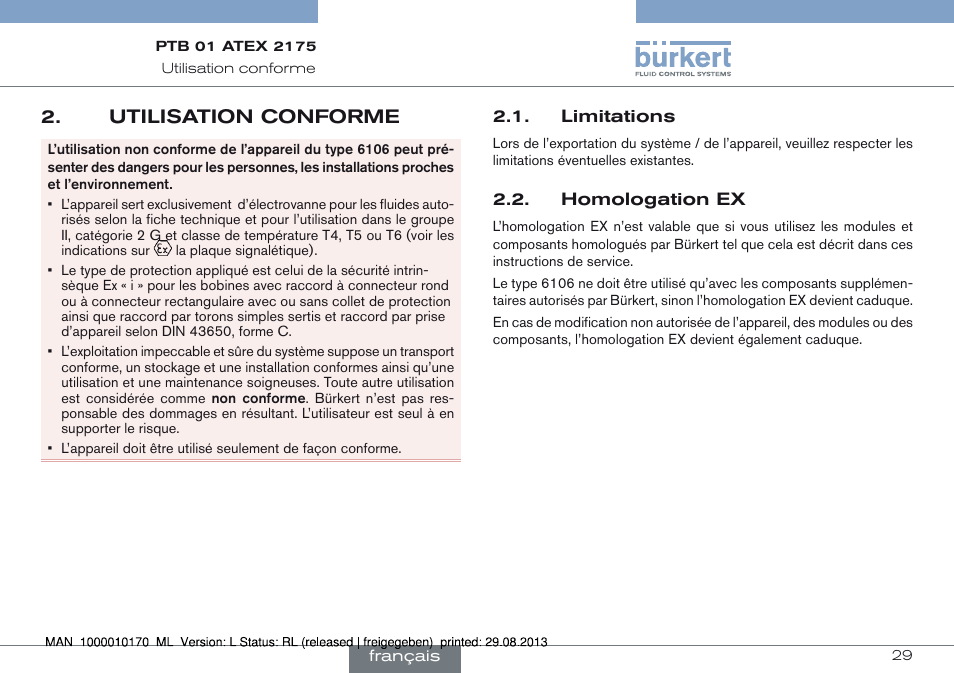 Utilisation conforme, Limitations 2.2. homologation ex | Burkert Type 6106 User Manual | Page 29 / 40