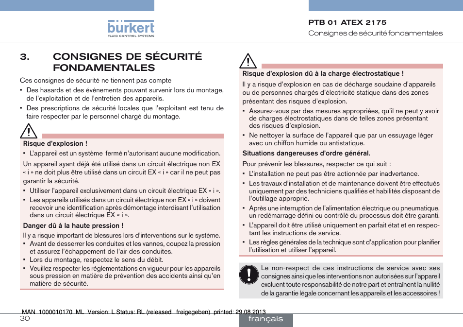 Consignes de sécurité fondamentales | Burkert Type 6106 User Manual | Page 30 / 40