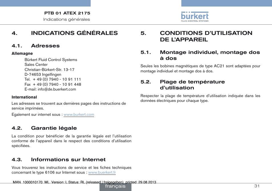 Indications générales, Conditions d’utilisation de l’appareil | Burkert Type 6106 User Manual | Page 31 / 40