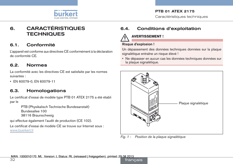 Caractéristiques techniques | Burkert Type 6106 User Manual | Page 32 / 40