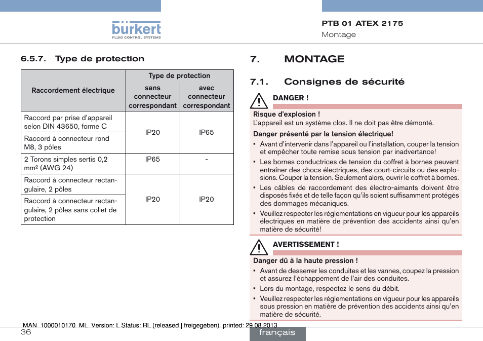 Montage, Consignes de sécurité | Burkert Type 6106 User Manual | Page 36 / 40