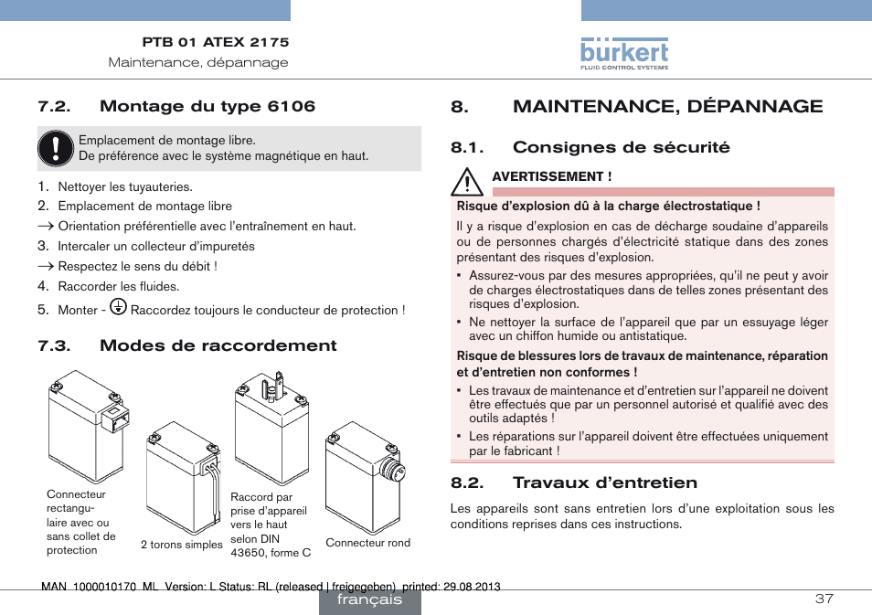 Montage du type 6106 7.3. modes de raccordement, Maintenance, dépannage, Consignes de sécurité 8.2. travaux d’entretien | Burkert Type 6106 User Manual | Page 37 / 40