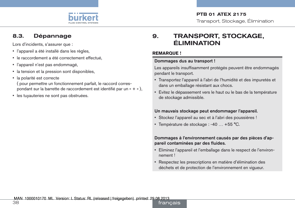 Dépannage, Transport, stockage, élimination | Burkert Type 6106 User Manual | Page 38 / 40