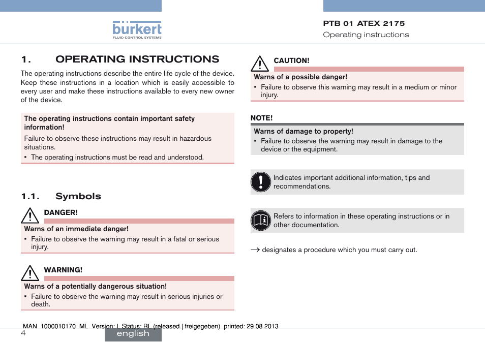 Operating instructions, Symbols | Burkert Type 6106 User Manual | Page 4 / 40