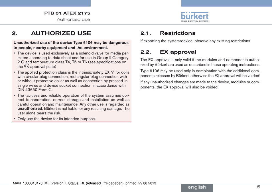 Authorized use, Restrictions 2.2. ex approval | Burkert Type 6106 User Manual | Page 5 / 40
