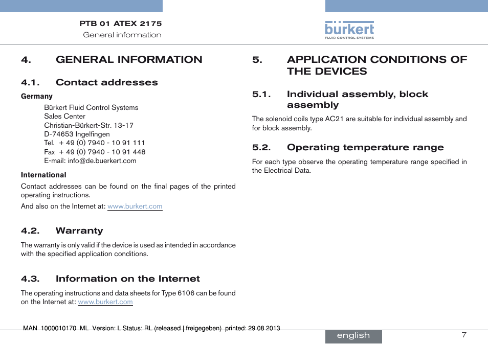 General information, Application conditions of the devices | Burkert Type 6106 User Manual | Page 7 / 40