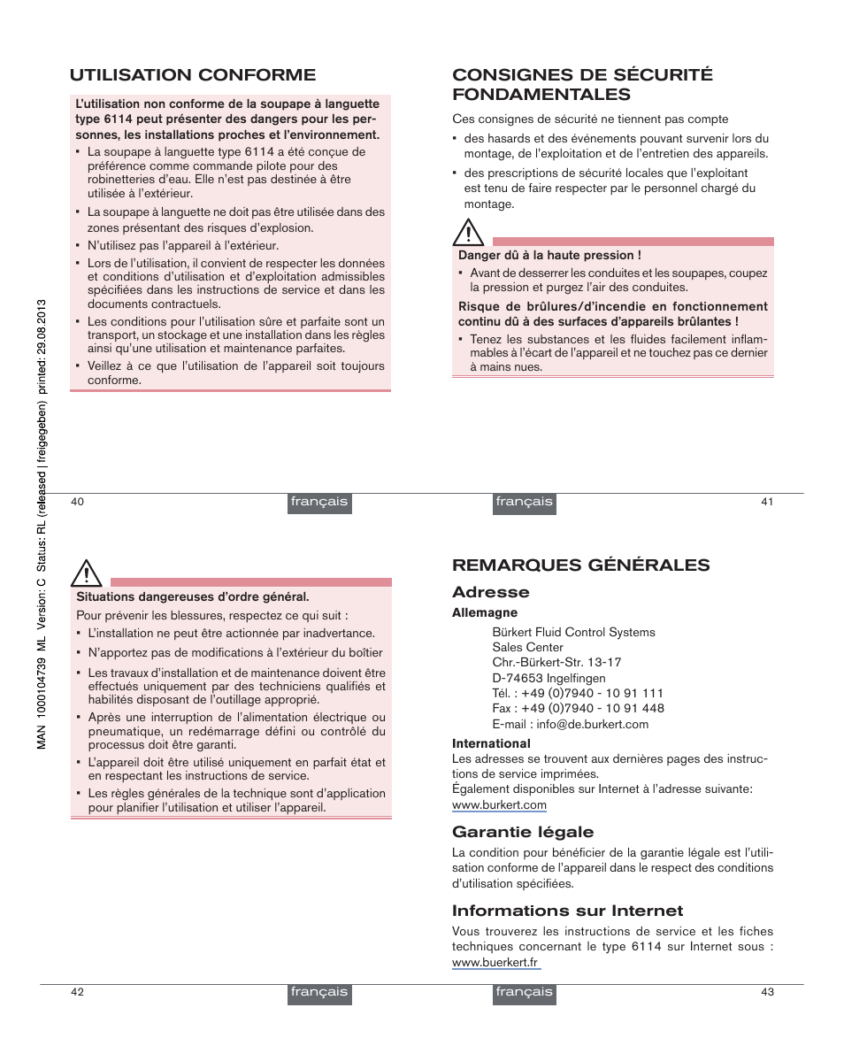 Utilisation conforme, Consignes de sécurité fondamentales, Remarques générales | Burkert Type 6114 User Manual | Page 12 / 15