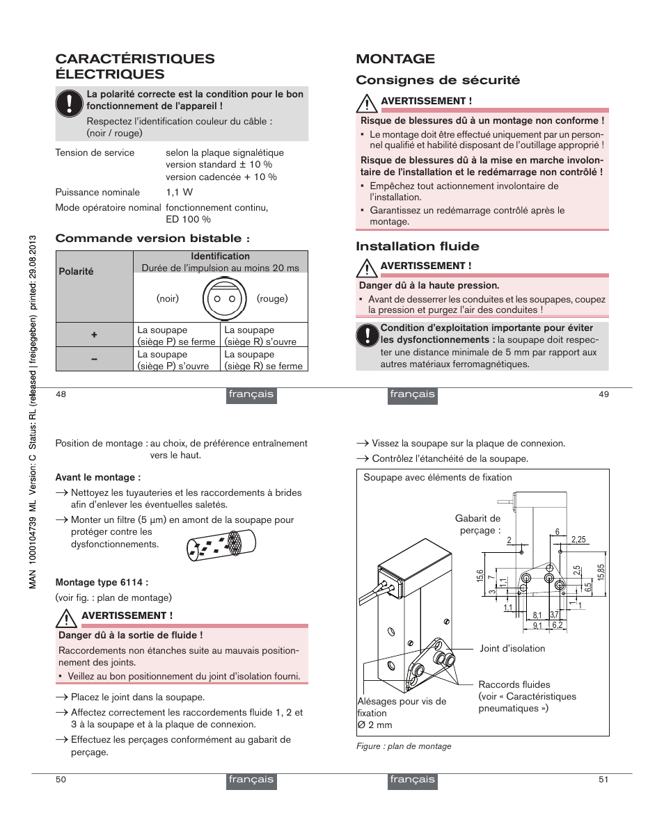 Caractéristiques électriques, Montage | Burkert Type 6114 User Manual | Page 14 / 15