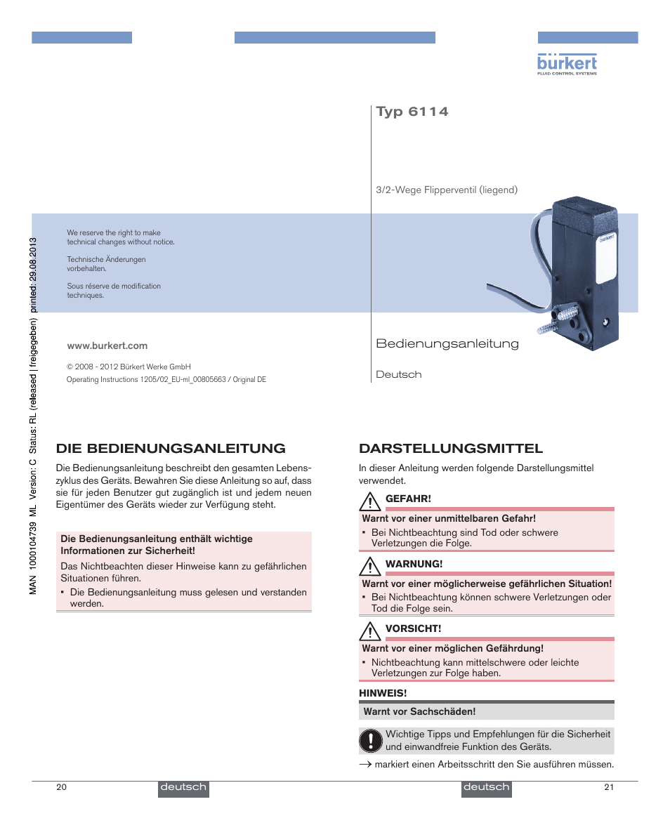 Deutsch, Typ 6114 | Burkert Type 6114 User Manual | Page 6 / 15