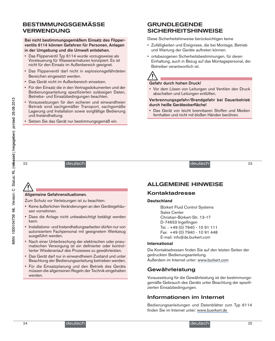 Bestimmungsgemässe verwendung, Grundlegende sicherheitshinweise, Allgemeine hinweise | Burkert Type 6114 User Manual | Page 7 / 15